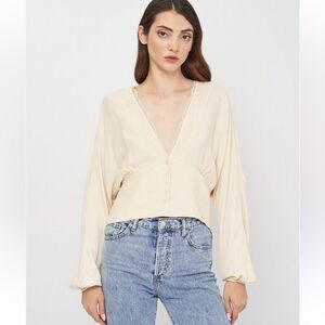 Zara Lace Cropped Blouse Long Sleeve Cream Size XS deep v neck